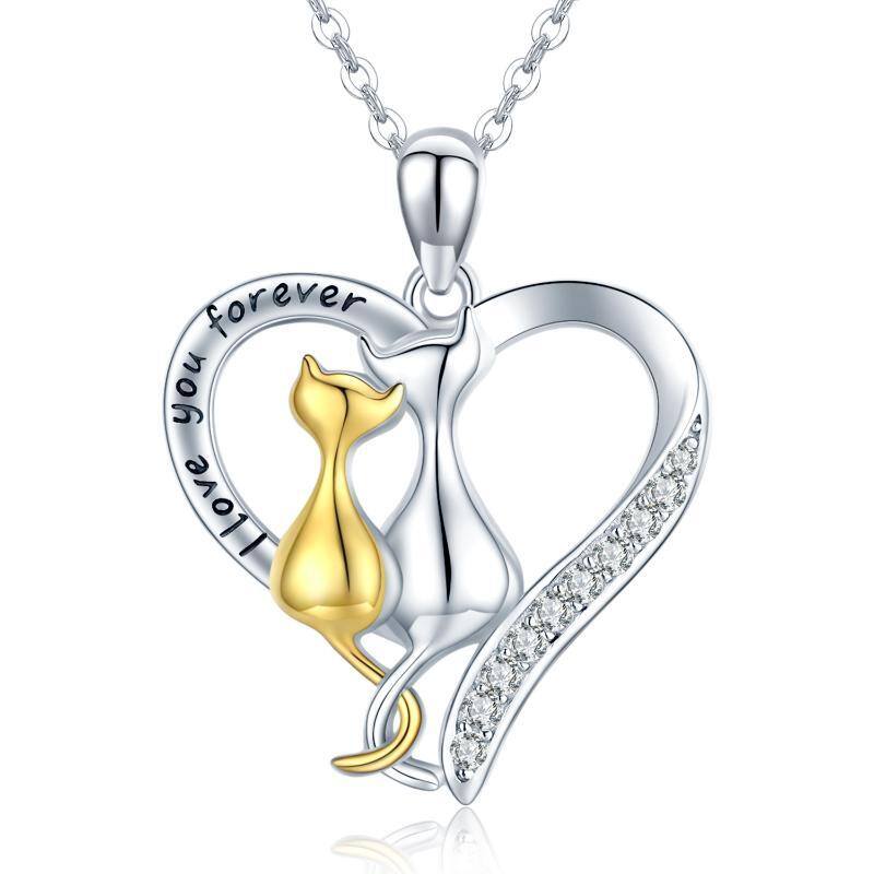 Sterling Silver Two-tone Cubic Zirconia Cat & Heart Pendant Necklace-1