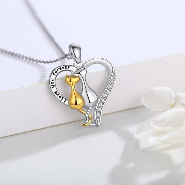 Sterling Silver Two-tone Cubic Zirconia Cat & Heart Pendant Necklace-3