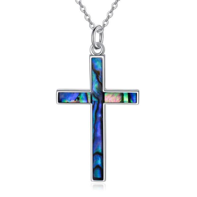 Sterling Silver Abalone Shellfish Cross Pendant Necklace-1