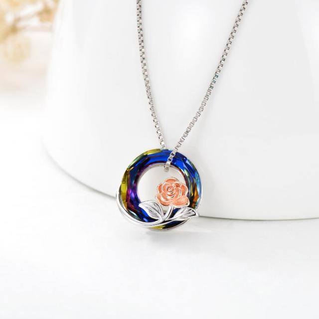 Sterling Silver Two-tone Circular Shaped Rose Crystal Pendant Necklace-3