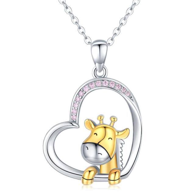 Sterling Silver Two-tone Cubic Zirconia Giraffe Pendant Necklace-1