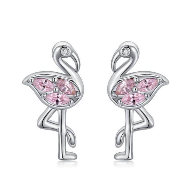 Sterling Silver Circular Shaped Cubic Zirconia Flamingo Stud Earrings-5