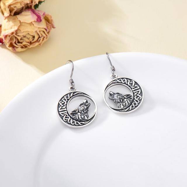 Sterling Silver Wolf & Celtic Knot & Moon Hoop Earrings-3