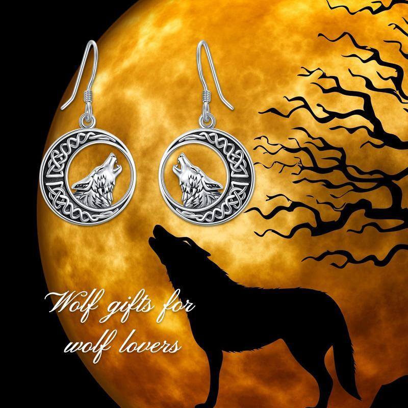 Sterling Silver Wolf & Celtic Knot & Moon Hoop Earrings-5