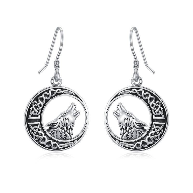 Sterling Silver Wolf & Celtic Knot & Moon Hoop Earrings-1