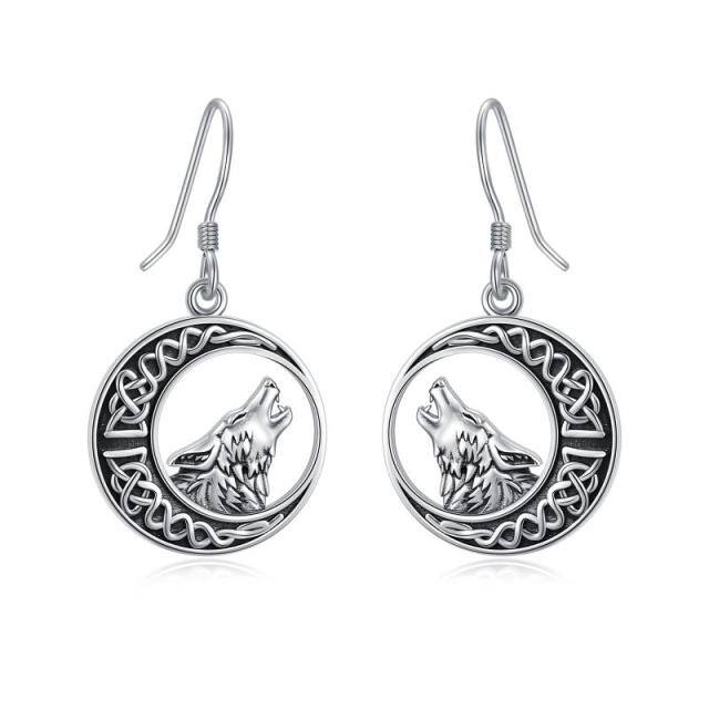 Orecchini a cerchio lunare con nodo celtico lupo in argento sterling-1