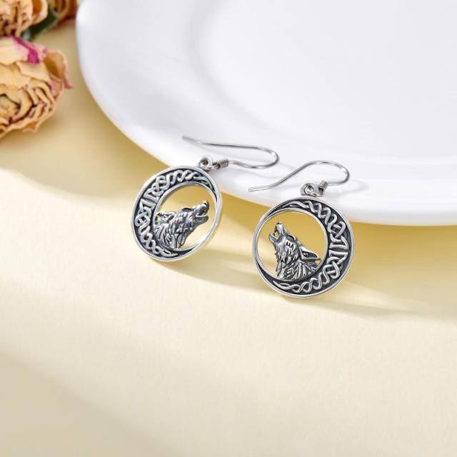 Sterling Silver Wolf & Celtic Knot & Moon Hoop Earrings-4