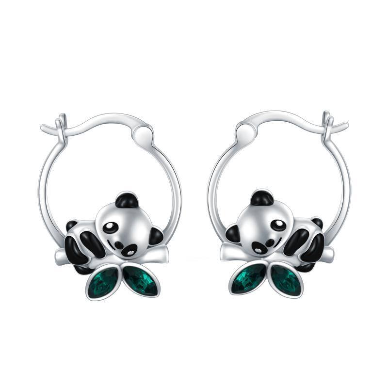 Sterling Silver Crystal Panda & Bamboo Hoop Earrings-1