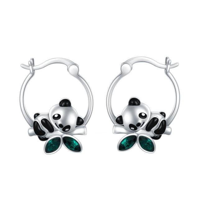 Sterling Silver Crystal Panda & Bamboo Hoop Earrings-3