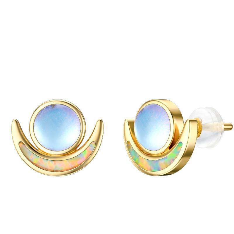 14K Gold Moonstone & Opal Moon Stud Earrings-1