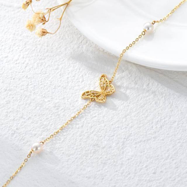 Bracelet de cheville papillon en or massif 14 carats pour femmes, bijoux fins en perles, cadeaux-3