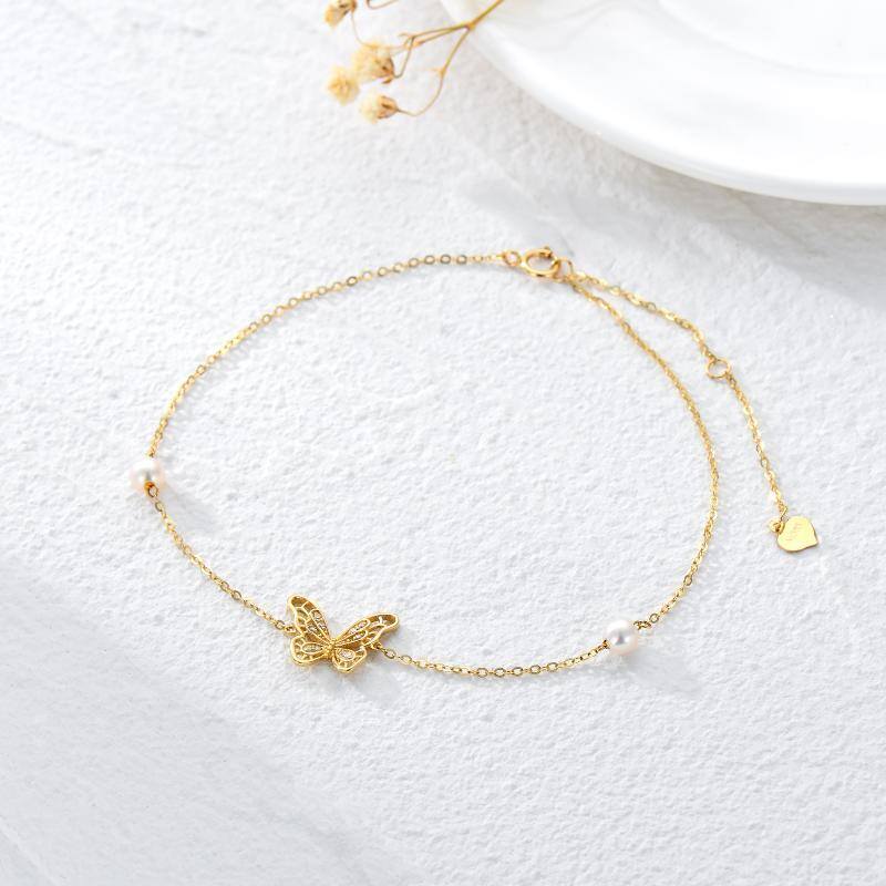 14K Gold Pearl Butterfly Single Layer Anklet-3