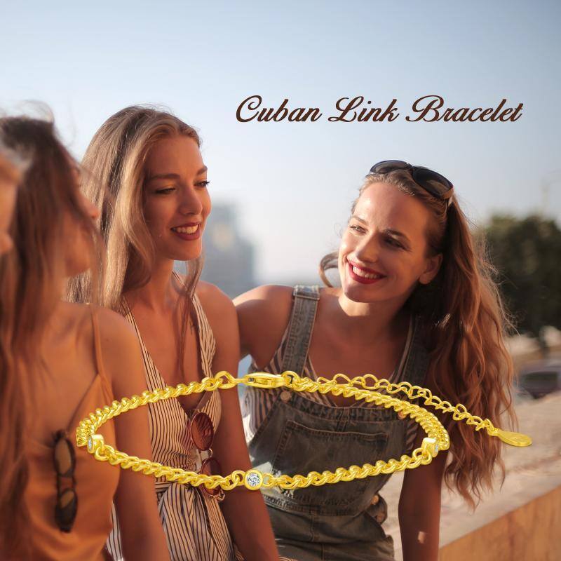Sterling Silver with Yellow Gold Plated Circular Shaped Cubic Zirconia Curb Link Chain Bracelet-7