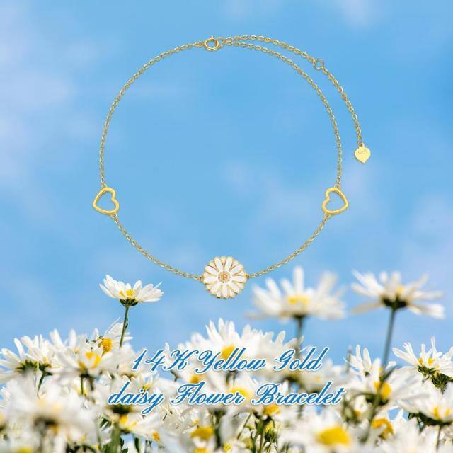 Bracelet en or 14K avec pendentif marguerite et coeur-4