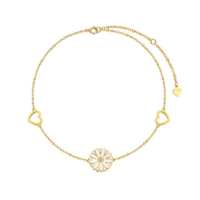 Pulseira com pingente de coração e margarida em ouro 14K-0