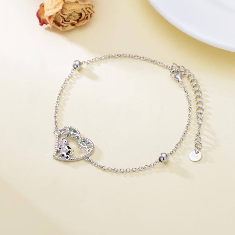 Sterling Silver Round Cubic Zirconia Cow & Heart Bead Station Chain Bracelet-3