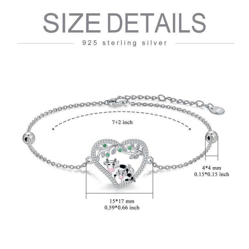 Sterling Silver Round Cubic Zirconia Cow & Heart Bead Station Chain Bracelet-5