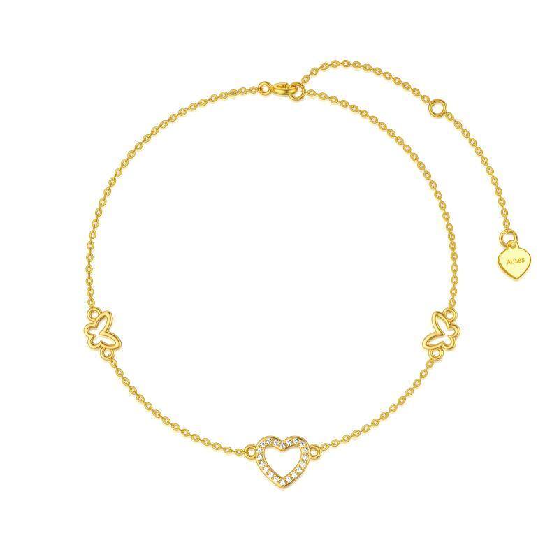 Bracelet en or 14K avec pendentif papillon et coeur en zircon cubique-1