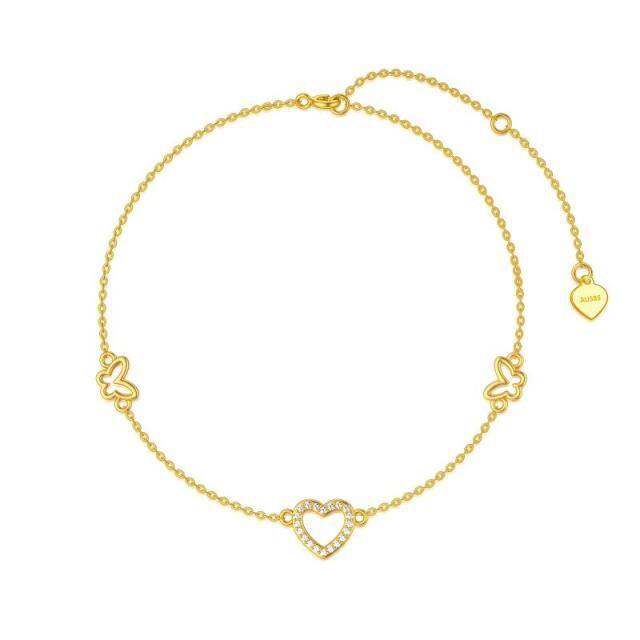 Pulsera Colgante Mariposa y Corazón Zirconia Cúbica Oro 14K-0