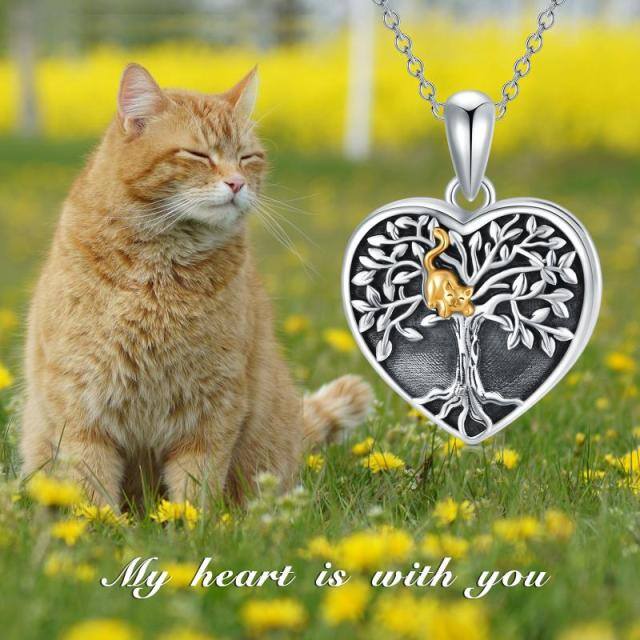 Sterling Silver Two-tone Cat & Tree Of Life Personalized Photo Locket Necklace with Engraved Word-2