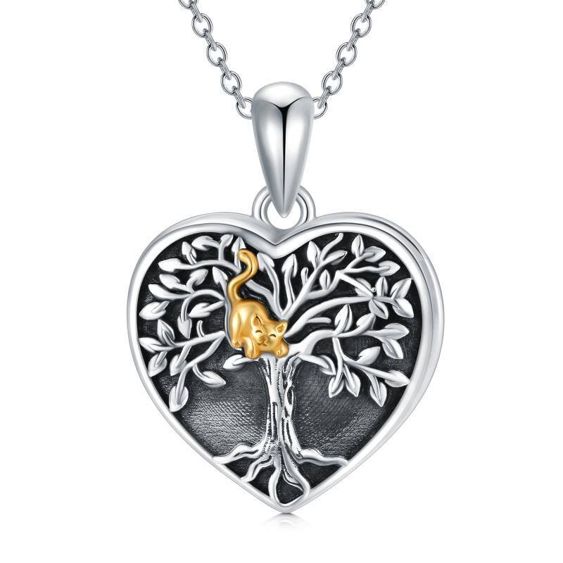 Sterling Silver Two-tone Cat & Tree Of Life Personalized Photo Locket Necklace with Engraved Word-1