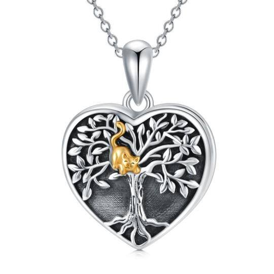 Collana con medaglione fotografico personalizzato in argento sterling bicolore con gatto e albero della vita e parola incisa