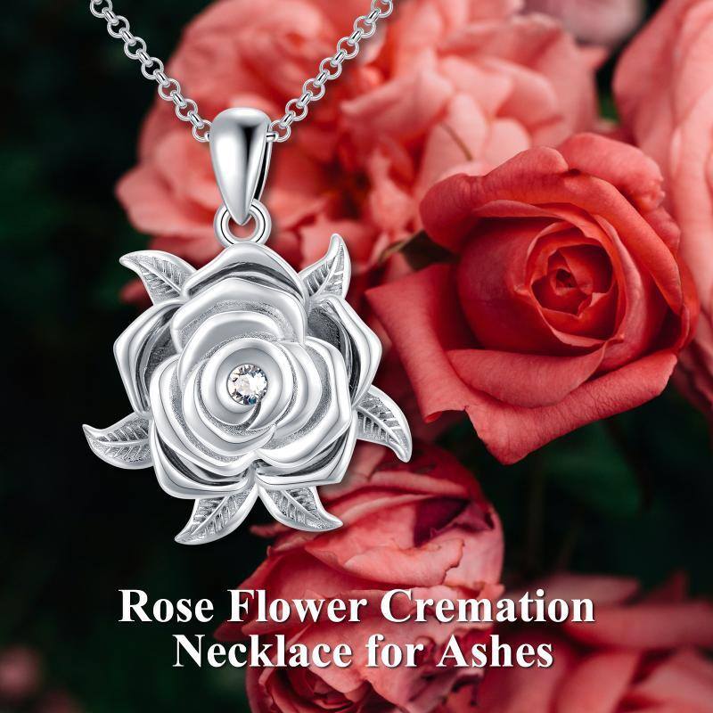 Sterling Silver Round Crystal Rose Urn Necklace for Ashes-6