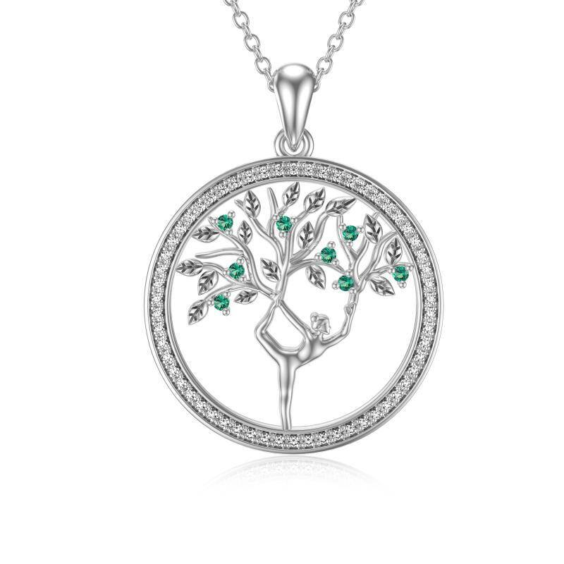 Sterling Silver Round Cubic Zirconia Tree Of Life & Yoga Pendant Necklace-1
