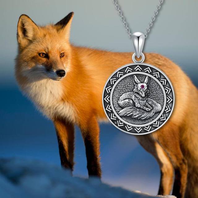 Sterling Silver Circular Shaped Cubic Zirconia Fox Pendant Necklace-4