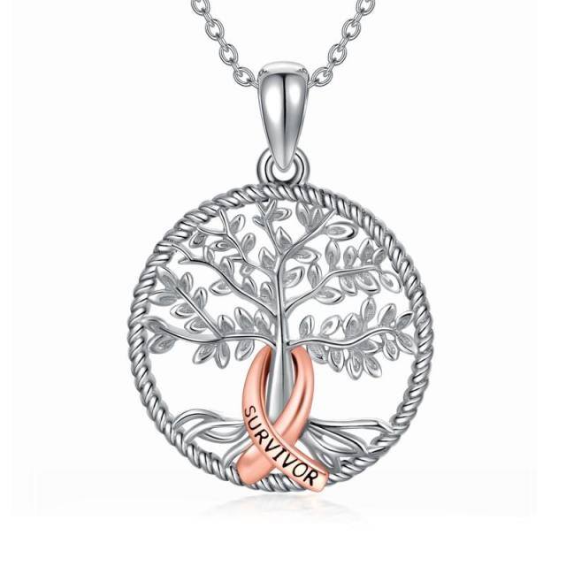 Sterling Silver Tree Of Life Red Ribborn Breast Cancer Pendant Necklace-1