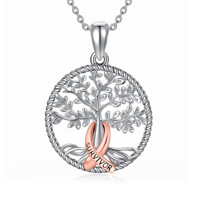 Collar con colgante de plata de ley Tree Of Life Red Ribborn Breast Cancer-1