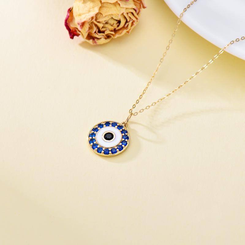 14K Gold Cubic Blue Zirconia Evil Eye Pendant Necklace-4
