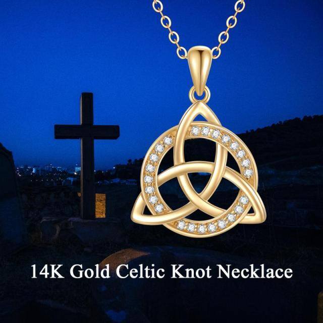 14K Gold Cubic Zirkonia Keltischer Knoten Anhänger Halskette-4