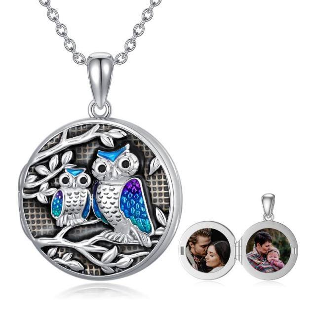 Coruja de prata esterlina com foto personalizada e colar com medalhão com palavra gravada-0