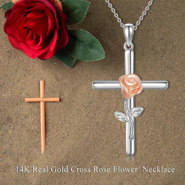 10K Silver & Rose Gold Rose & Cross Pendant Necklace-5