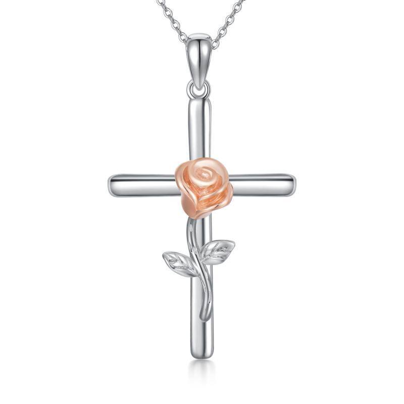 10K Silver & Rose Gold Rose & Cross Pendant Necklace-1