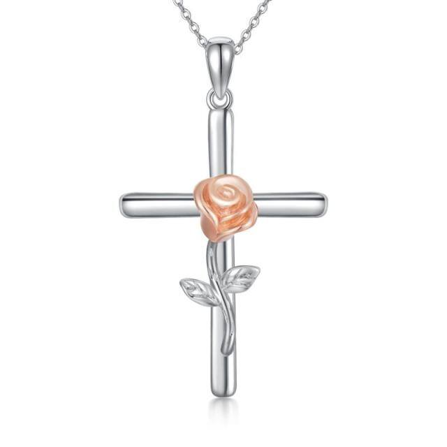 10K Silver & Rose Gold Rose & Cross Pendant Necklace-0
