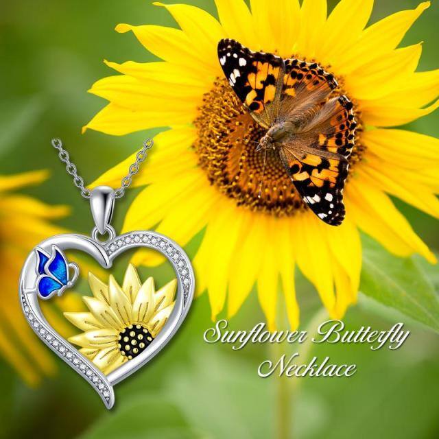 Sterling Silver Cubic Zirconia Butterfly & Sunflower & Heart Pendant Necklace-4