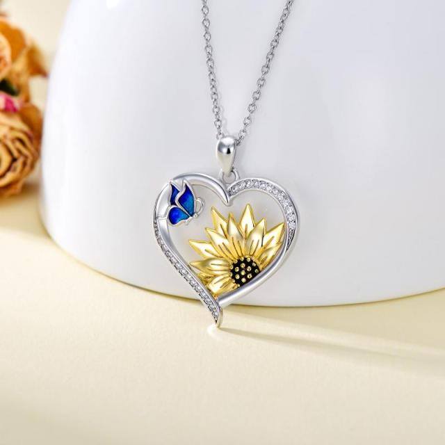 Sterling Silver Cubic Zirconia Butterfly & Sunflower & Heart Pendant Necklace-2