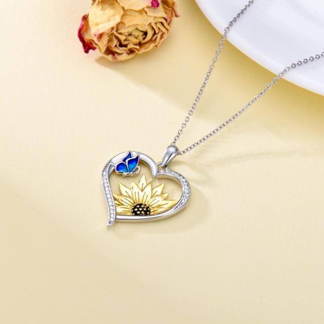 Sterling Silver Cubic Zirconia Butterfly & Sunflower & Heart Pendant Necklace-3