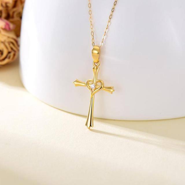 14K Gold Zircon Cross Pendant Necklace-2