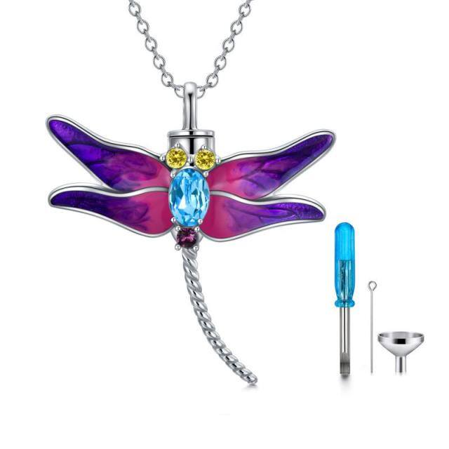 Sterling Silver Circular Shaped Cubic Zirconia Dragonfly Urn Necklace for Ashes-0
