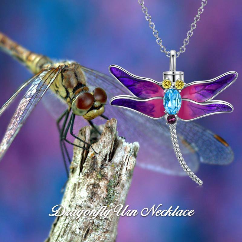 Sterling Silver Circular Shaped Cubic Zirconia Dragonfly Urn Necklace for Ashes-5