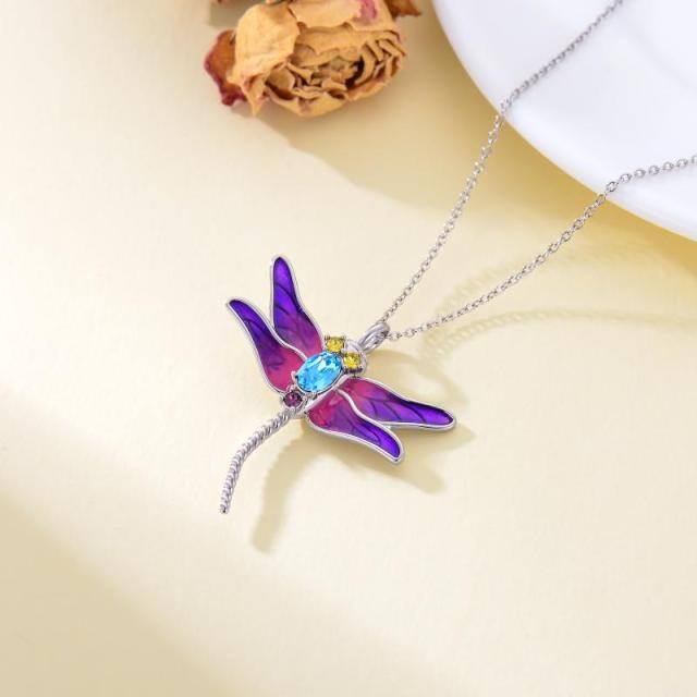 Sterling Silver Circular Shaped Cubic Zirconia Dragonfly Urn Necklace for Ashes-2