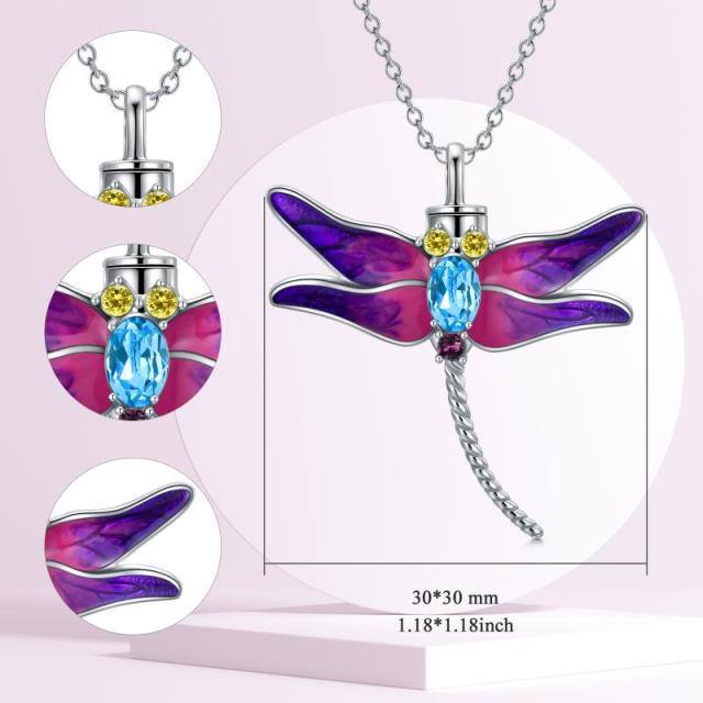 Sterling Silver Circular Shaped Cubic Zirconia Dragonfly Urn Necklace for Ashes-3