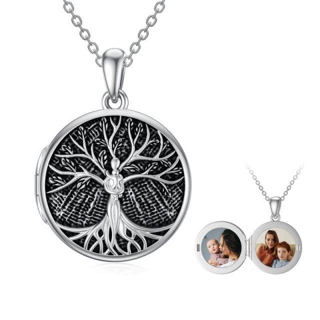 Sterling Silver Oxidized Tree Of Life Mom & Baby Personalized Photo Pendant Necklace-0