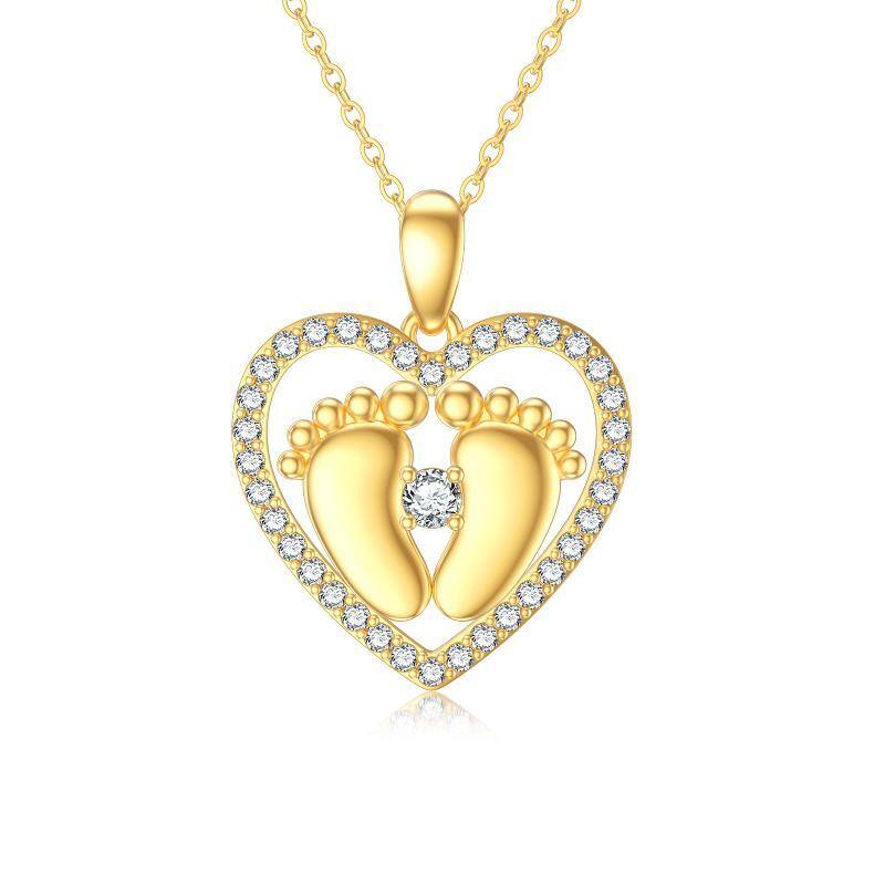 14K Gold Cubic Zirconia Footprints & Heart Pendant Necklace-1