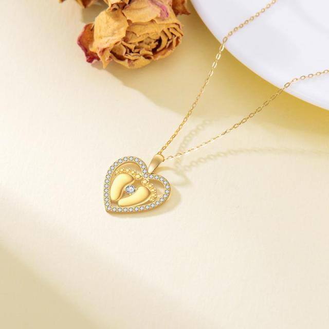 14K Gold Cubic Zirconia Footprints & Heart Pendant Necklace-3