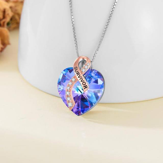 Sterling Silver Two-tone Heart Breast Cancer & Heart Crystal Pendant Necklace-3