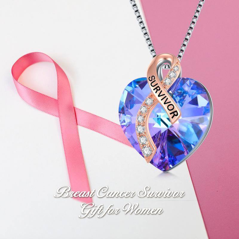 Sterling Silver Two-tone Heart Breast Cancer & Heart Crystal Pendant Necklace-6